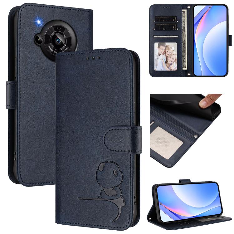 Funda de cuero RFID con estampado de panda y cordón para Sharp Aquos R7 SH-52C (azul)