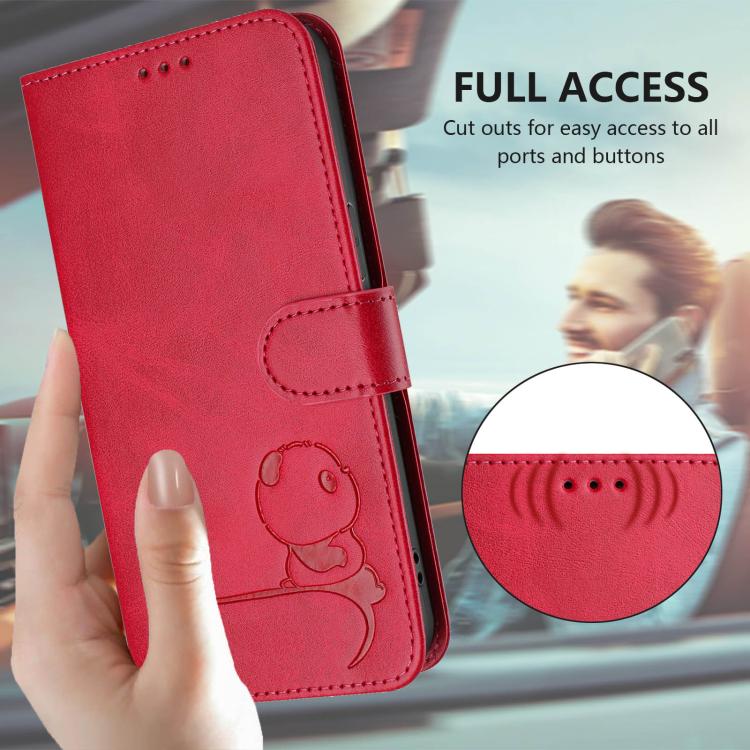 Funda de cuero RFID con estampado de panda y cordón para Sharp Aquos R7 SH-52C (rosa)