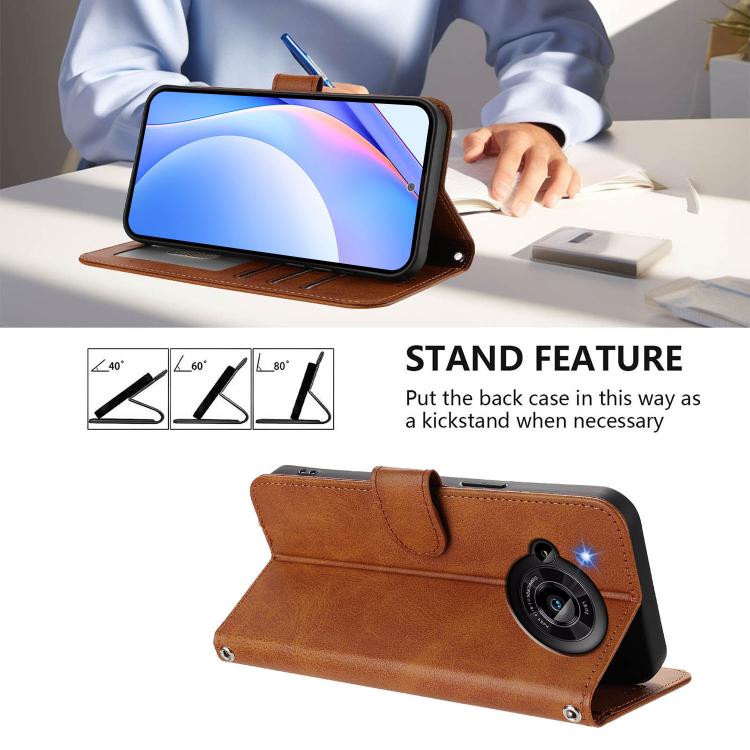 Funda de cuero RFID con estampado de panda y cordón para Sharp Aquos R7 SH-52C (marrón)