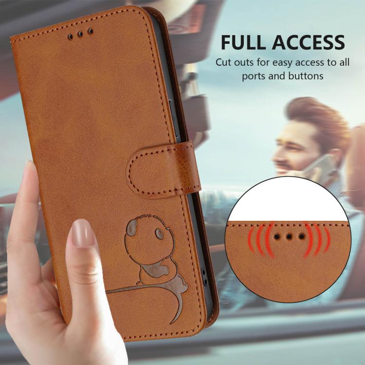 Funda de cuero RFID con estampado de panda y cordón para Sharp Aquos R7 SH-52C (marrón)