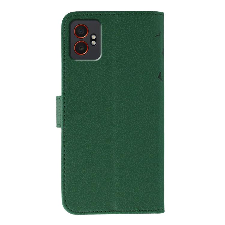 Funda de cuero con textura de lichi y estampado de plumas para Samsung Galaxy XCover7 Pro (verde)