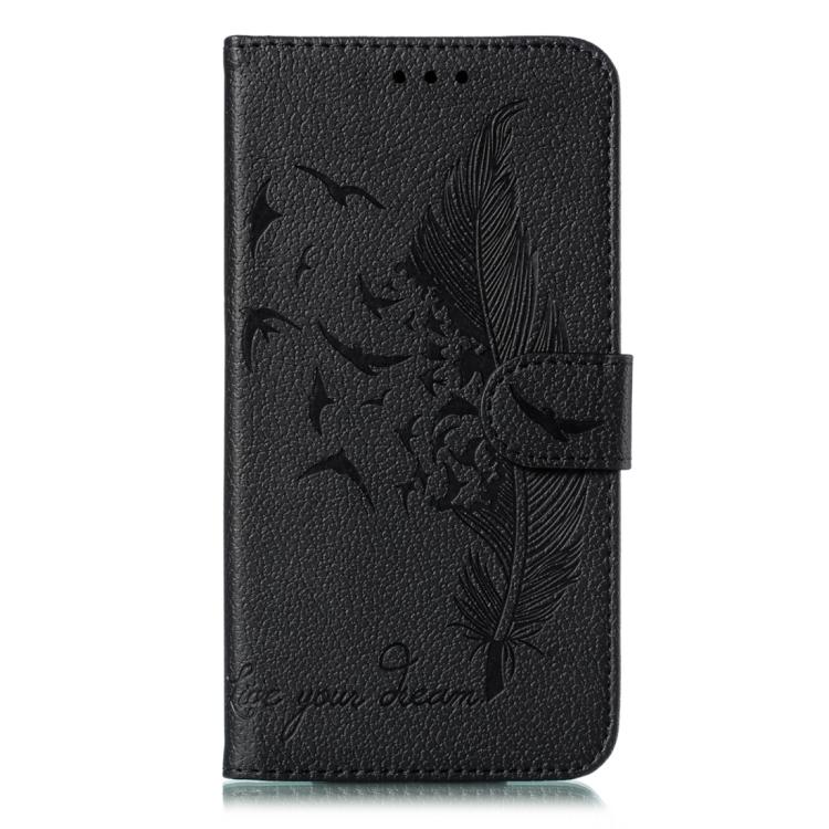 Funda de cuero con textura de lichi y estampado de plumas para Samsung Galaxy XCover7 Pro (negra)