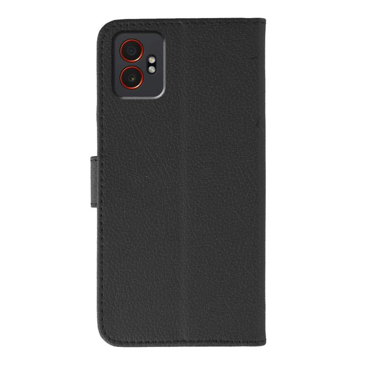 Funda de cuero con textura de lichi y estampado de plumas para Samsung Galaxy XCover7 Pro (negra)