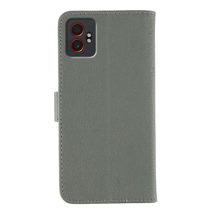 Funda de cuero con textura de lichi y estampado de plumas para Samsung Galaxy XCover7 Pro (gris)