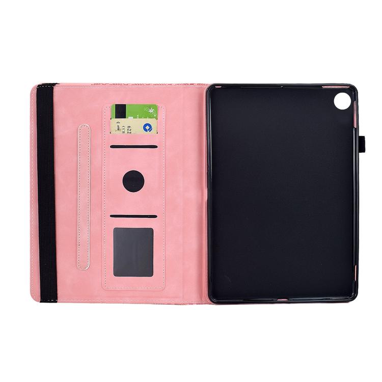 Funda de cuero inteligente con diseño de bloques de construcción giratorios y relieve para Samsung Galaxy Tab A9+ (rosa)