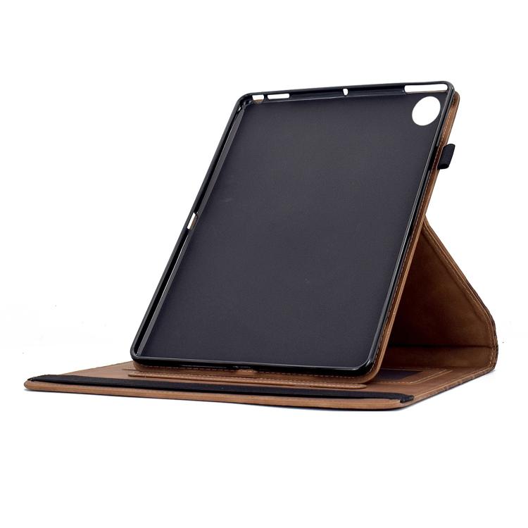 Funda de cuero inteligente con diseño de bloques de construcción giratorios y relieve para Samsung Galaxy Tab A9+ (marrón)