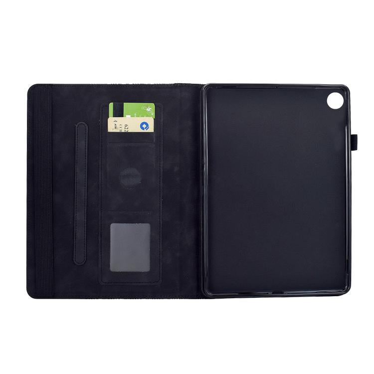 Funda de cuero inteligente con relieve y bloques de construcción giratorios para Samsung Galaxy Tab A9+ (negra)