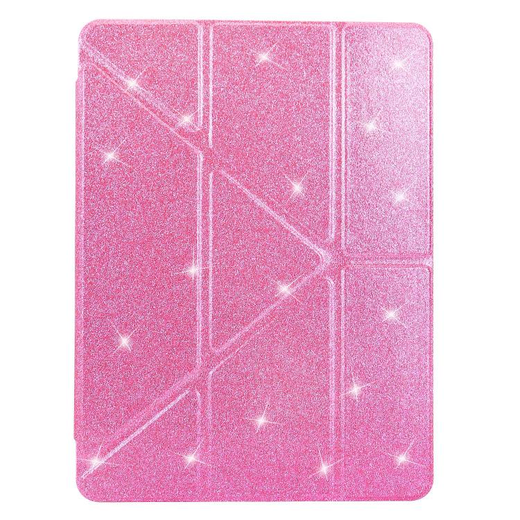 Funda de cuero inteligente con purpurina acrílica transparente plegable en Y para iPad 2025/2022 (rosa)