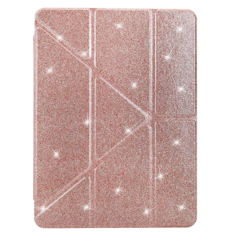 Funda de cuero inteligente con purpurina acrílica transparente plegable en Y para iPad mini 2024/mini 6 (oro rosa)