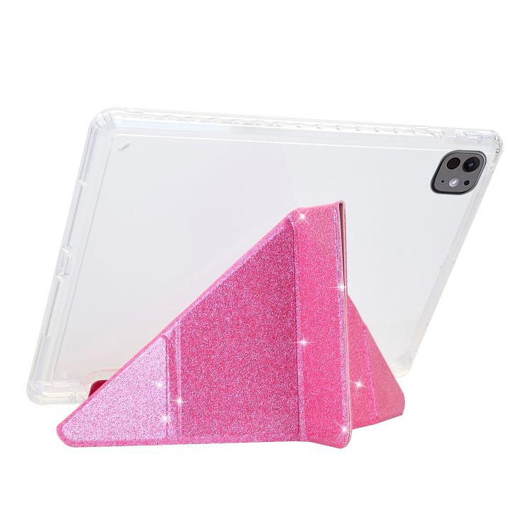 Funda plegable en Y de acrílico transparente con purpurina y cuero inteligente para iPad Air 13 (2024/2025/Pro 12.9) (rosa)