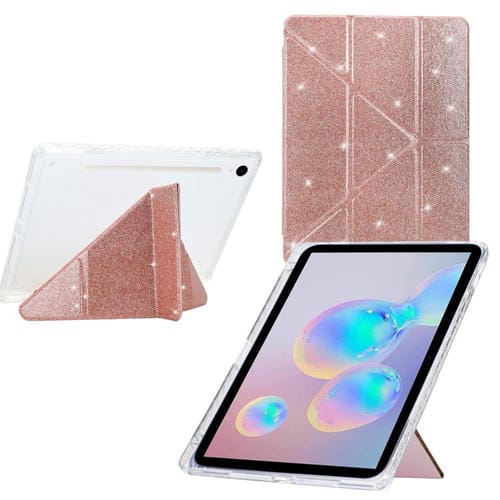 Funda plegable en Y de acrílico transparente con purpurina para Samsung Galaxy Tab S10 FE/S9 (oro rosa)