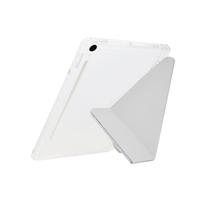 Funda plegable en Y de acrílico transparente con purpurina para Samsung Galaxy Tab S10 FE/S9 (plateada)