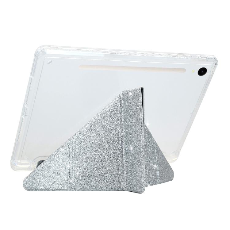 Funda plegable en Y de acrílico transparente con purpurina para Samsung Galaxy Tab S10 FE/S9 (plateada)