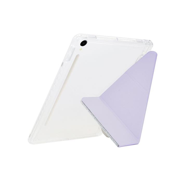 Funda plegable en Y de acrílico transparente con purpurina para Samsung Galaxy Tab S10 FE/S9 (morado)