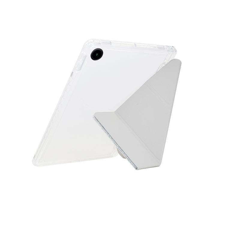 Funda plegable en Y de acrílico transparente con purpurina para Samsung Galaxy Tab A9+ (plateada)