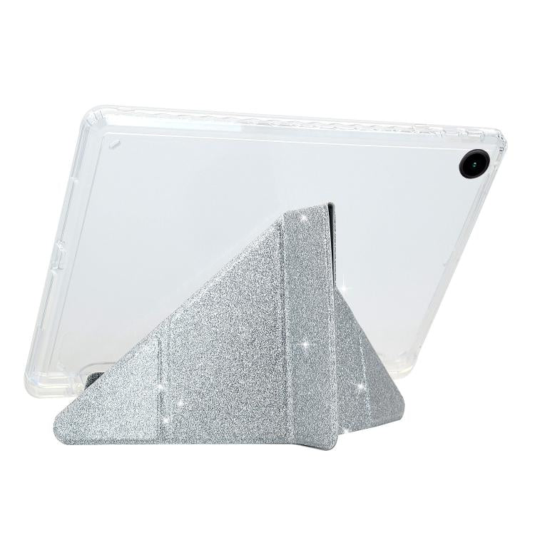 Funda plegable en Y de acrílico transparente con purpurina para Samsung Galaxy Tab A9+ (plateada)
