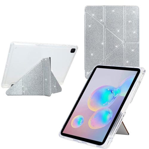 Funda plegable en Y de acrílico transparente con purpurina para Samsung Galaxy Tab S6 Lite 2024 (plateada)