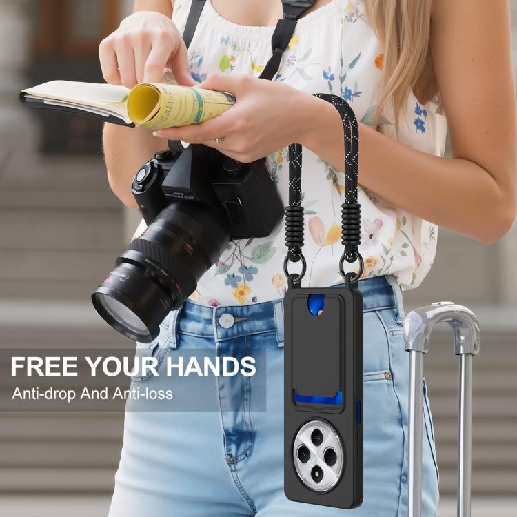Funda de silicona líquida de color sólido para Redmi 14C 4G / 14R 5G / A4 5G con tarjetero integrado, Gen2, con cordón corto (negro)