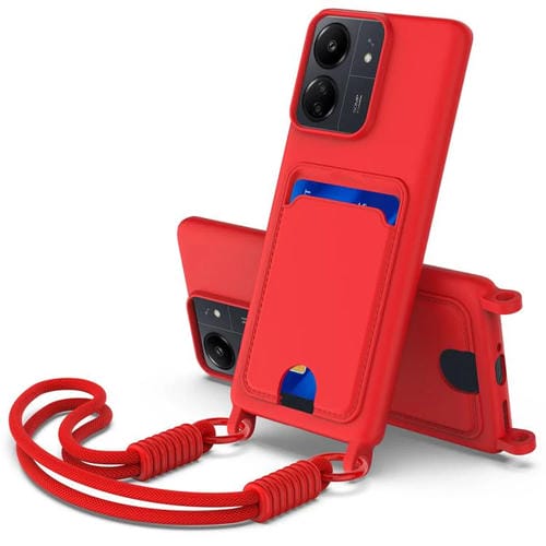 Funda de silicona líquida de color sólido para Redmi 13C 4G / 13C 5G / 13R 5G con tarjetero integrado (Gen2) y cordón corto (rojo)