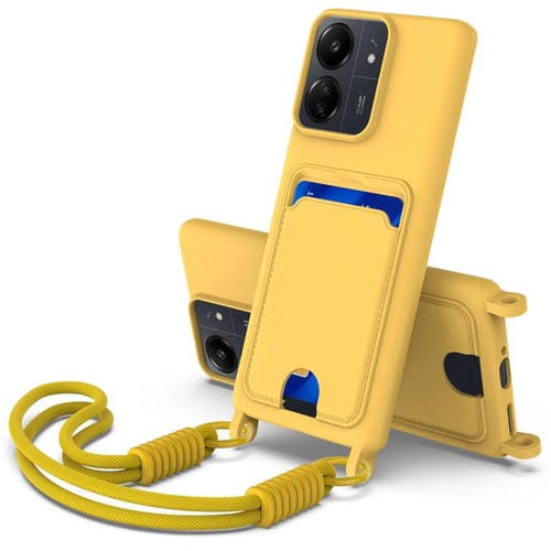 Funda de silicona líquida de color sólido para Redmi 13C 4G / 13C 5G / 13R 5G con tarjetero integrado, Gen2, con cordón corto (amarilla)