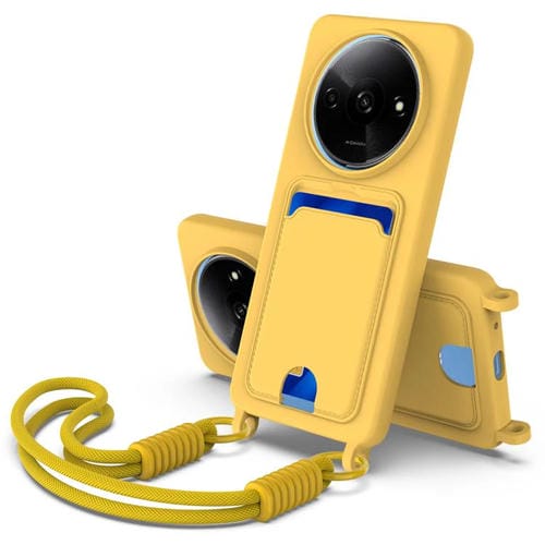 Funda de silicona líquida de color sólido para Redmi A3 4G / A3x 4G / Poco C61, con tarjetero integrado, Gen2 y cordón corto (amarilla)