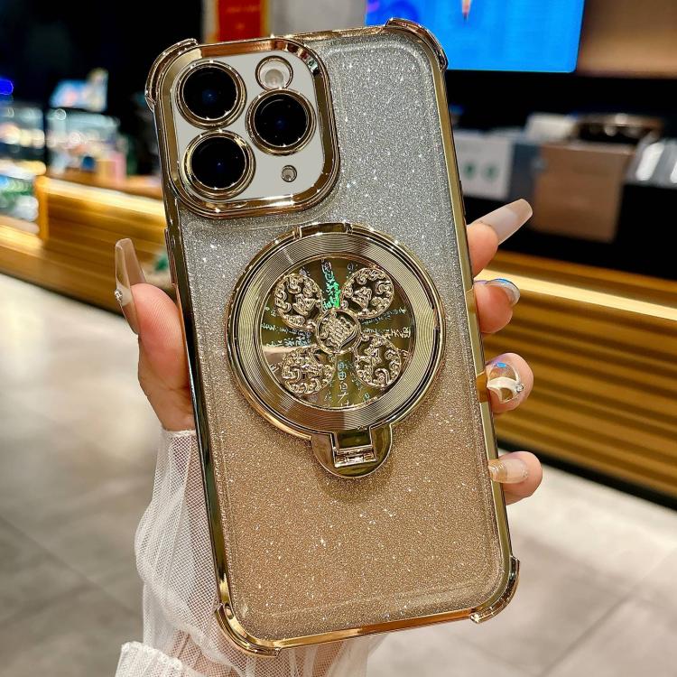 Funda con soporte giratorio para iPhone 11 Pro con purpurina degradada (dorada)