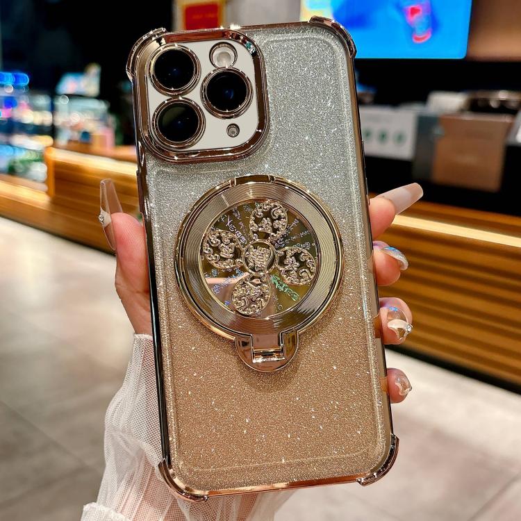 Funda con soporte giratorio para iPhone 11 Pro Max con purpurina degradada (dorado desierto)