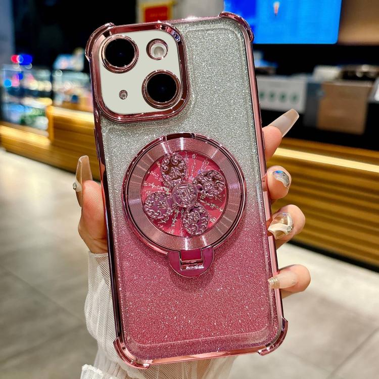 Funda con soporte giratorio para iPhone 13 con purpurina degradada (rosa)