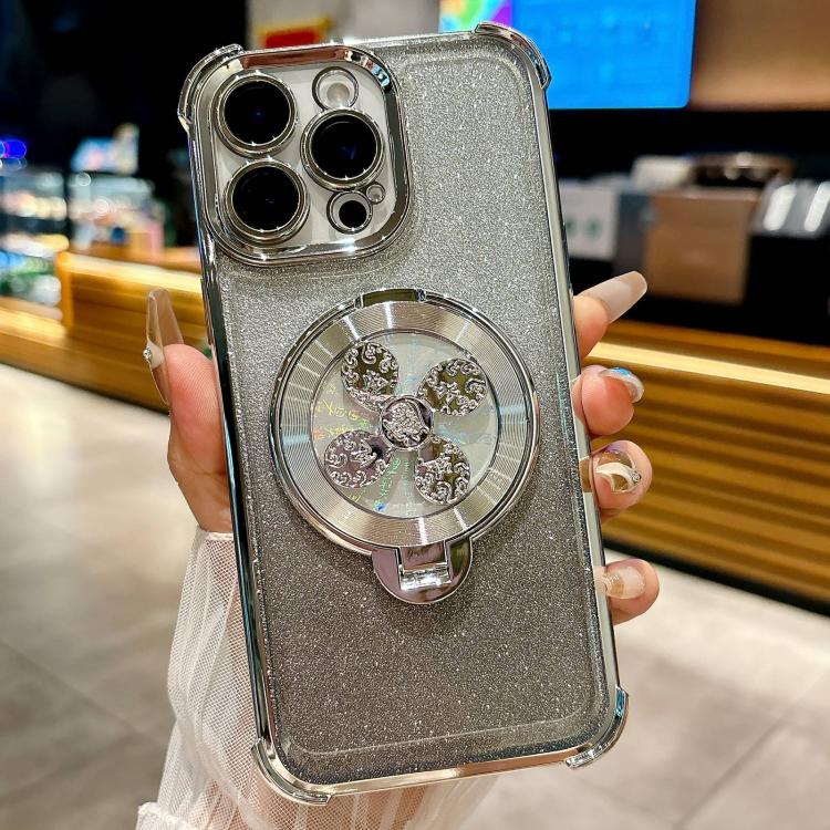 Funda con soporte giratorio para iPhone 13 Pro con purpurina degradada (plateada)