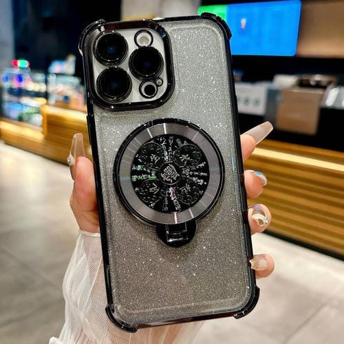 Funda con soporte giratorio para iPhone 14 Pro Max con purpurina degradada (negra)