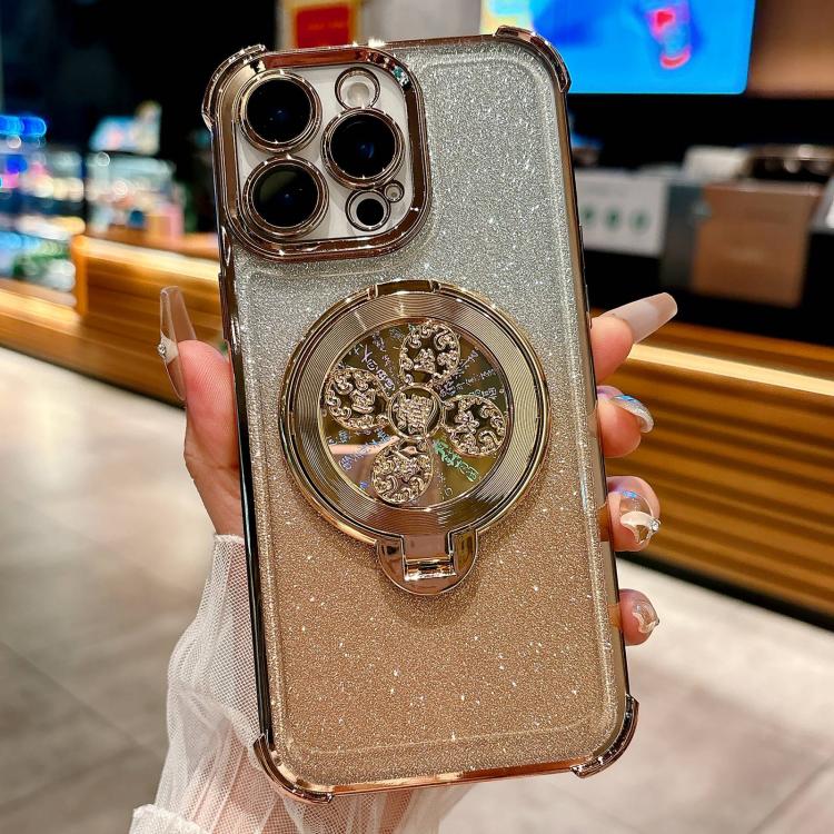 Funda con soporte giratorio para iPhone 14 Pro Max con purpurina degradada (dorado desierto)