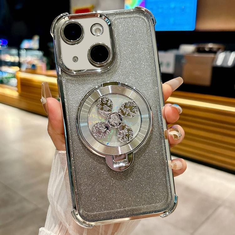 Funda con soporte giratorio para iPhone 15 Plus con purpurina degradada (plateada)