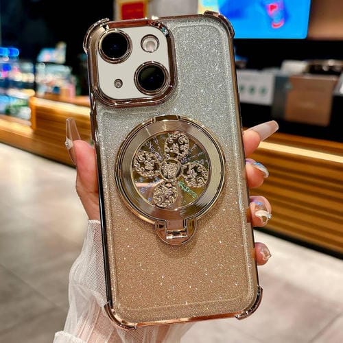 Funda con soporte giratorio para iPhone 15 Plus con purpurina degradada (dorado desierto)