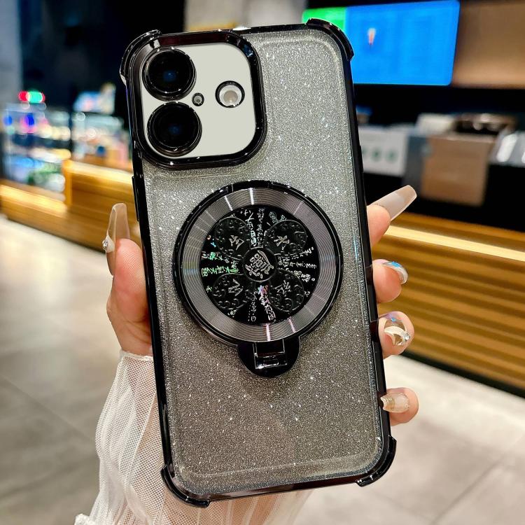 Funda con soporte giratorio para iPhone 16 con purpurina degradada (negra)