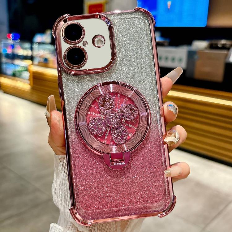 Funda con soporte giratorio para iPhone 16 con purpurina degradada (rosa)