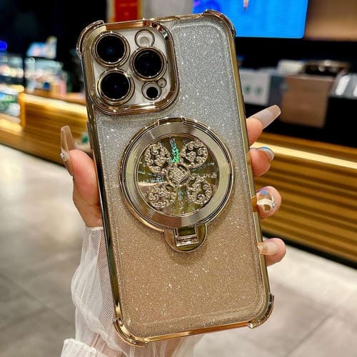 Funda con soporte giratorio para iPhone 16 Pro Max con purpurina degradada (dorada)