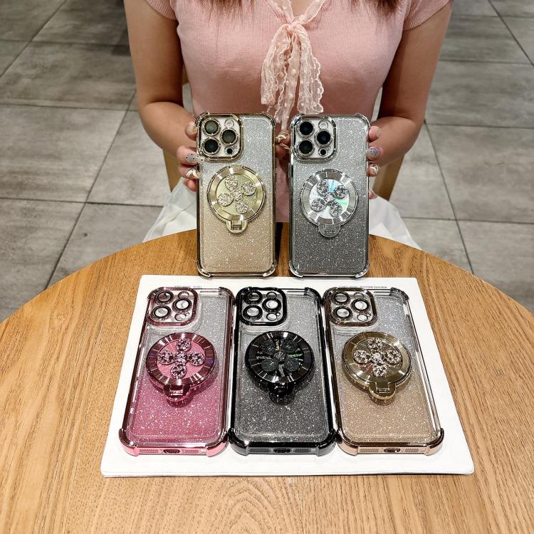 Funda con soporte giratorio con purpurina degradada para iPhone 15 Plus (rosa)