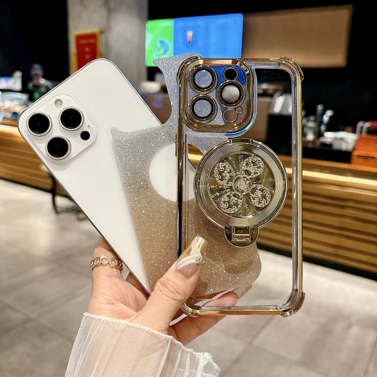 Funda con soporte giratorio para iPhone 16e con purpurina degradada (plateada)