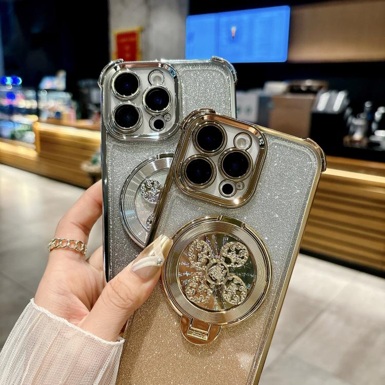Funda con soporte giratorio para iPhone 11 Pro Max con purpurina degradada (dorada)