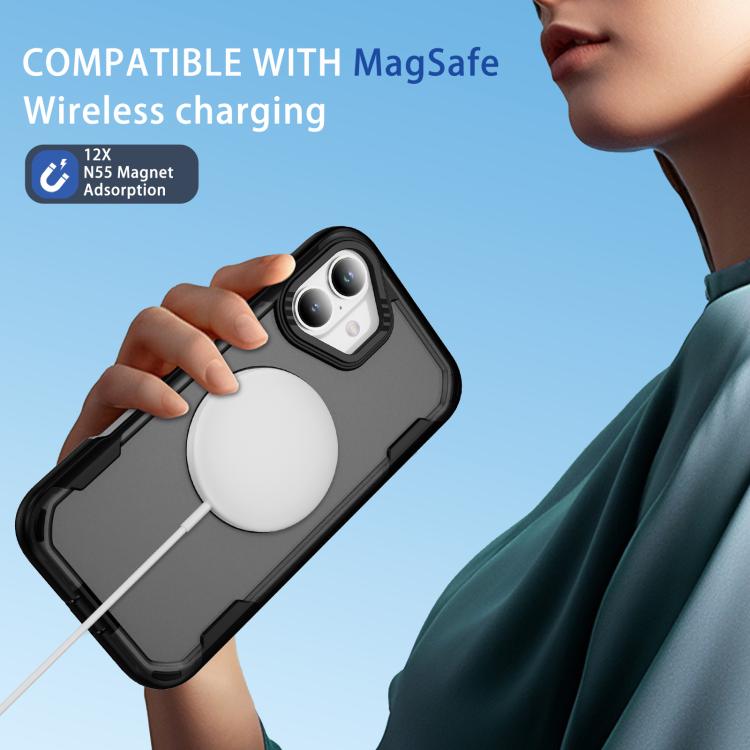 Funda protectora MagSafe para iPhone 16 Plus (negro + gris transparente)