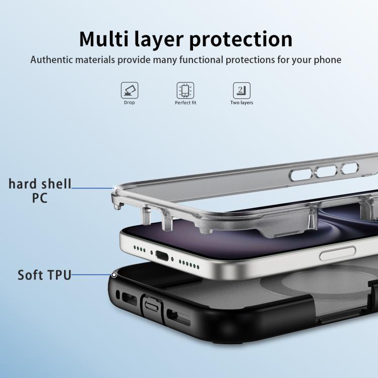 Funda protectora MagSafe para iPhone 16 Plus (negro + gris transparente)
