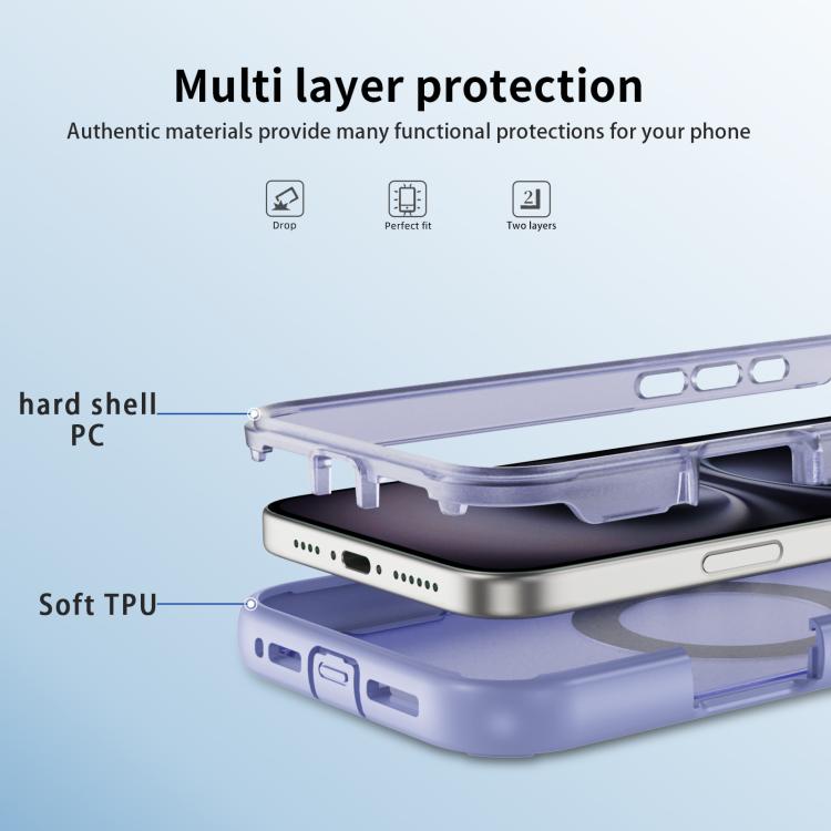 Funda protectora MagSafe para iPhone 16 Plus (morado claro y morado transparente)