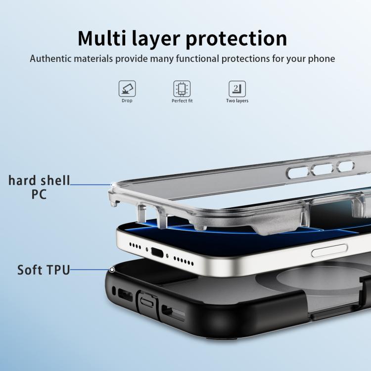 Funda protectora MagSafe para iPhone 16 Pro Max (negro + gris transparente)