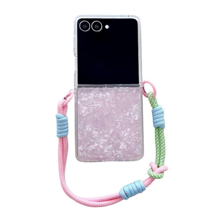 Funda para Samsung Galaxy Z Flip7 5G con textura perlada y hebilla lateral con pulsera arcoíris (rosa)