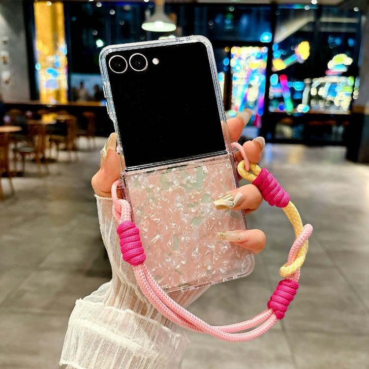 Funda para Samsung Galaxy Z Flip7 5G con textura perlada y hebilla lateral con pulsera arcoíris (rosa y verde)