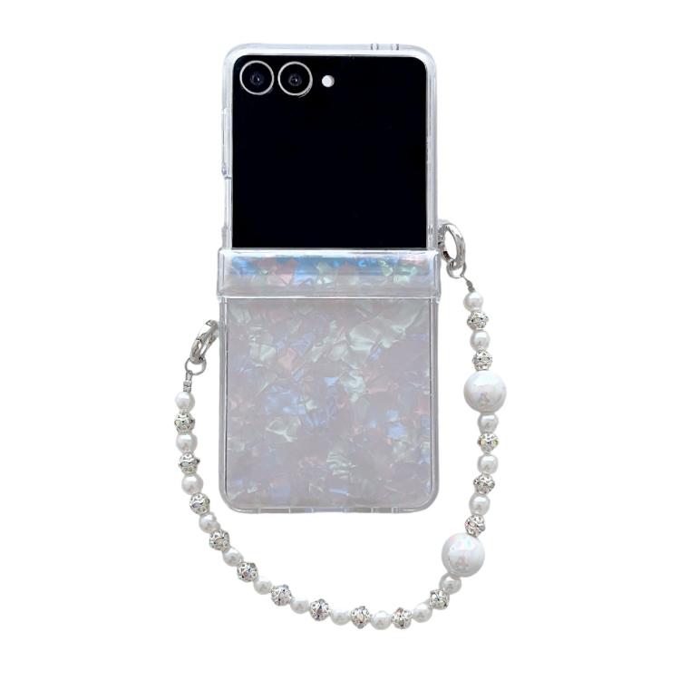 Funda para Samsung Galaxy Z Flip7 5G con textura perlada de tres piezas y pulsera (beige)