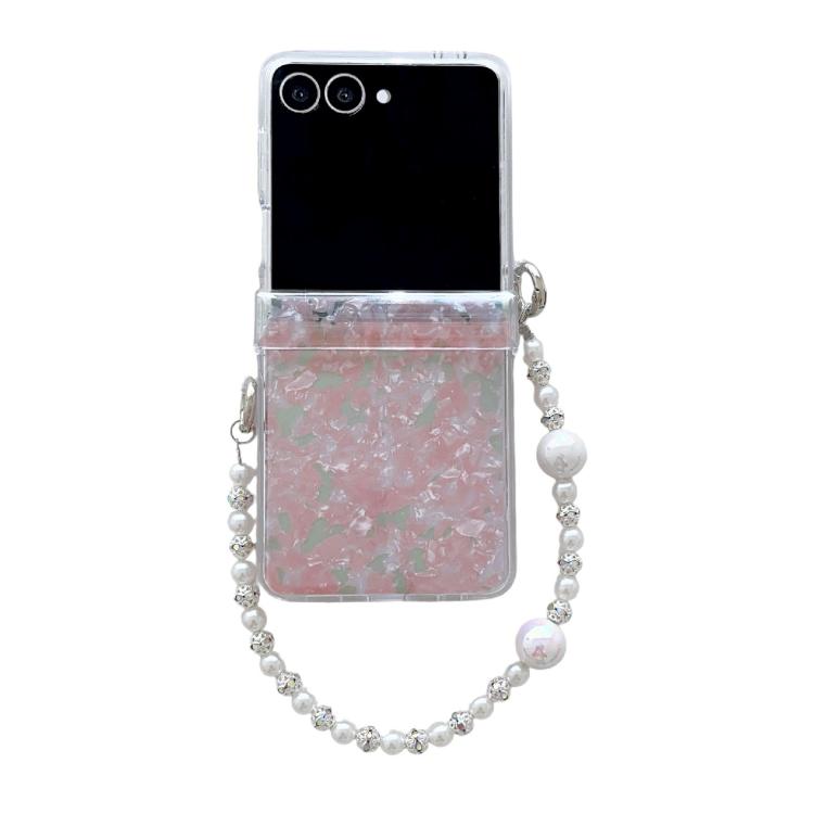 Funda para Samsung Galaxy Z Flip7 5G con textura perlada de tres piezas y pulsera (rosa y verde)