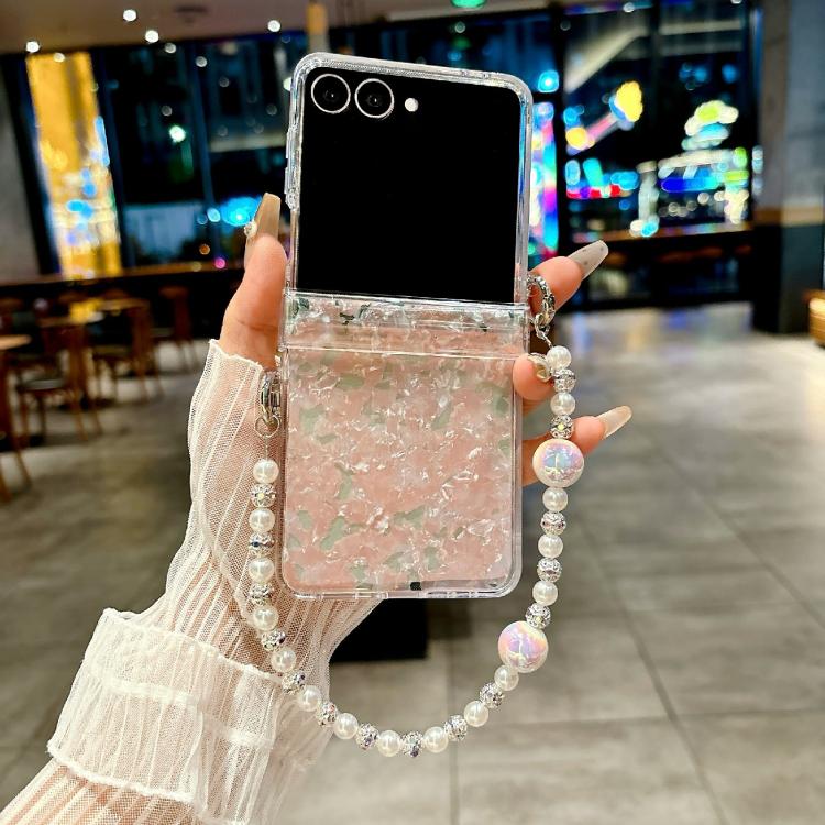 Funda para Samsung Galaxy Z Flip7 5G con textura perlada de tres piezas y pulsera (rosa y verde)