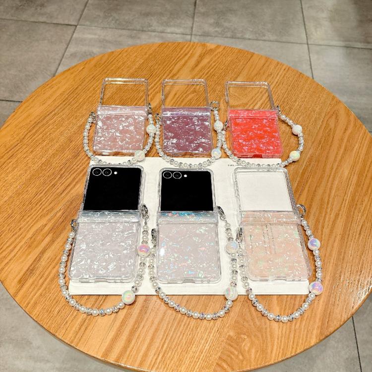 Funda para Samsung Galaxy Z Flip7 5G con textura perlada de tres piezas y pulsera (rosa y verde)