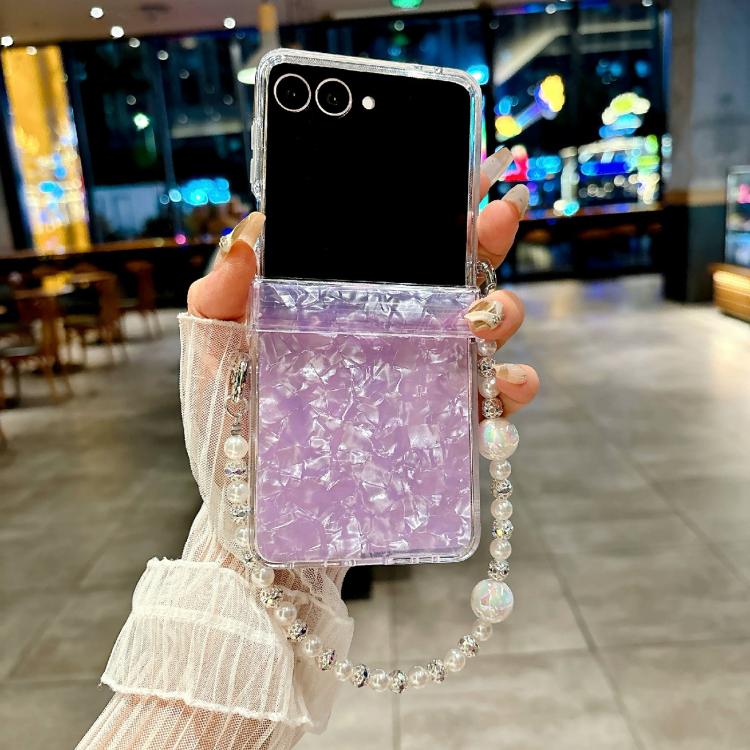 Funda para Samsung Galaxy Z Flip7 5G con textura perlada de tres piezas y pulsera (morado)